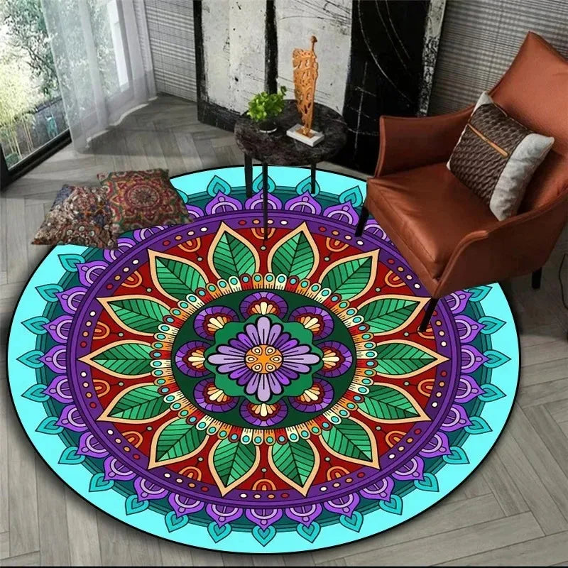 Black & Gold Mandala Round Rug – Bohemian Non-Slip Floor Mat
