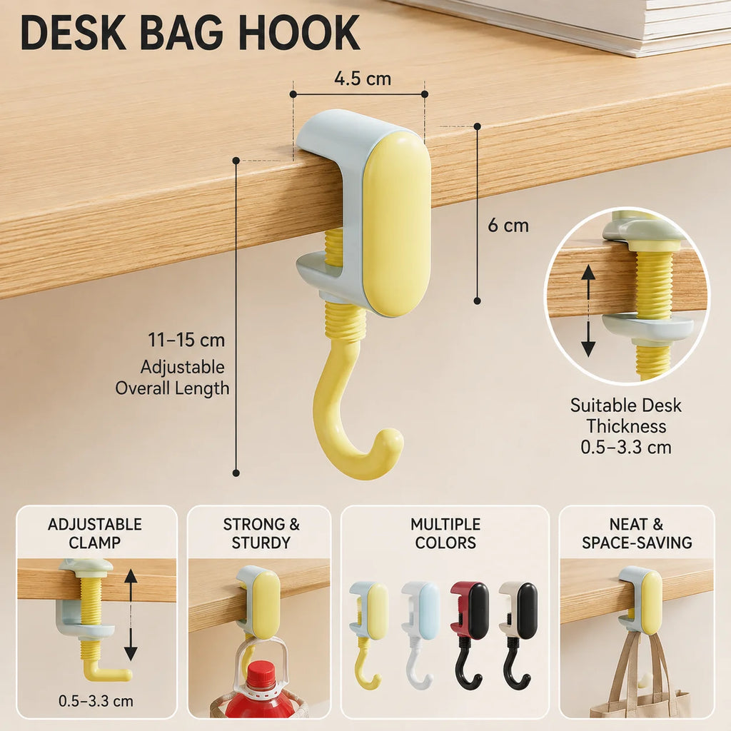 Adjustable Clamp-On Desk Bag Hook – No-Drill Rotating Hanger