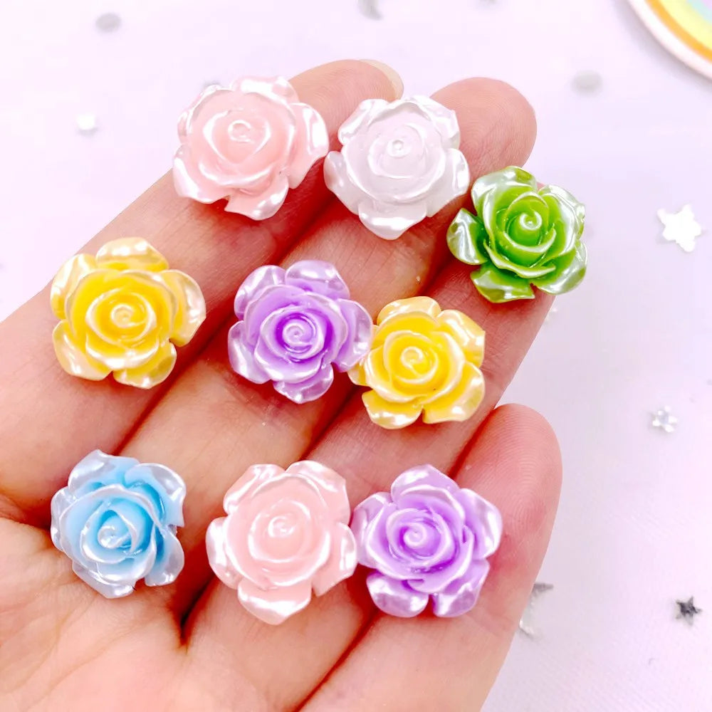 40Pcs 15mm Resin Glitter Pearl Rose Flatback Flower Embellishments