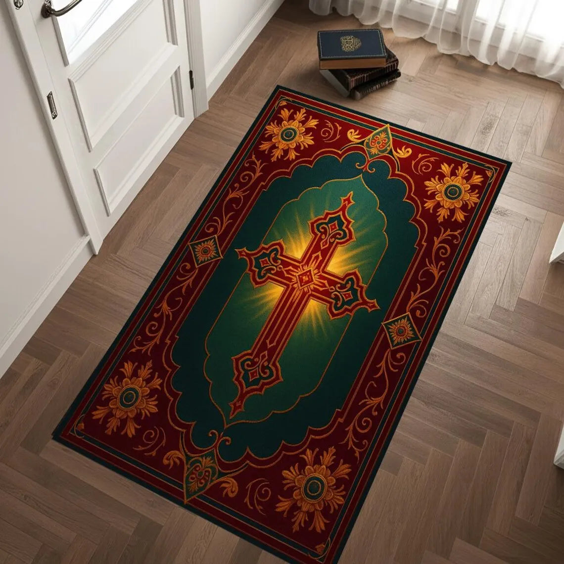 Luxury Red Gold Cross Prayer Rug – Religious Worship Carpet