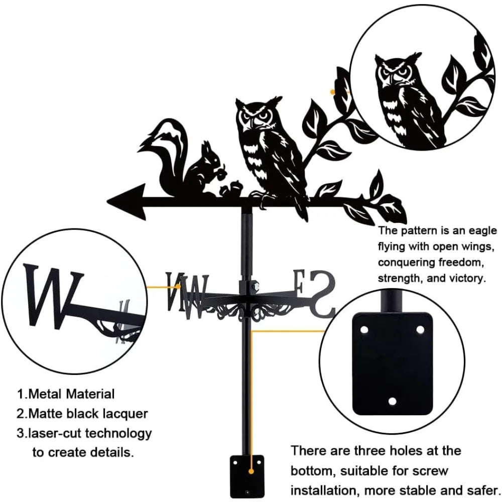 Owl & Squirrel Metal Weather Vane | Outdoor Garden Wind Indicator