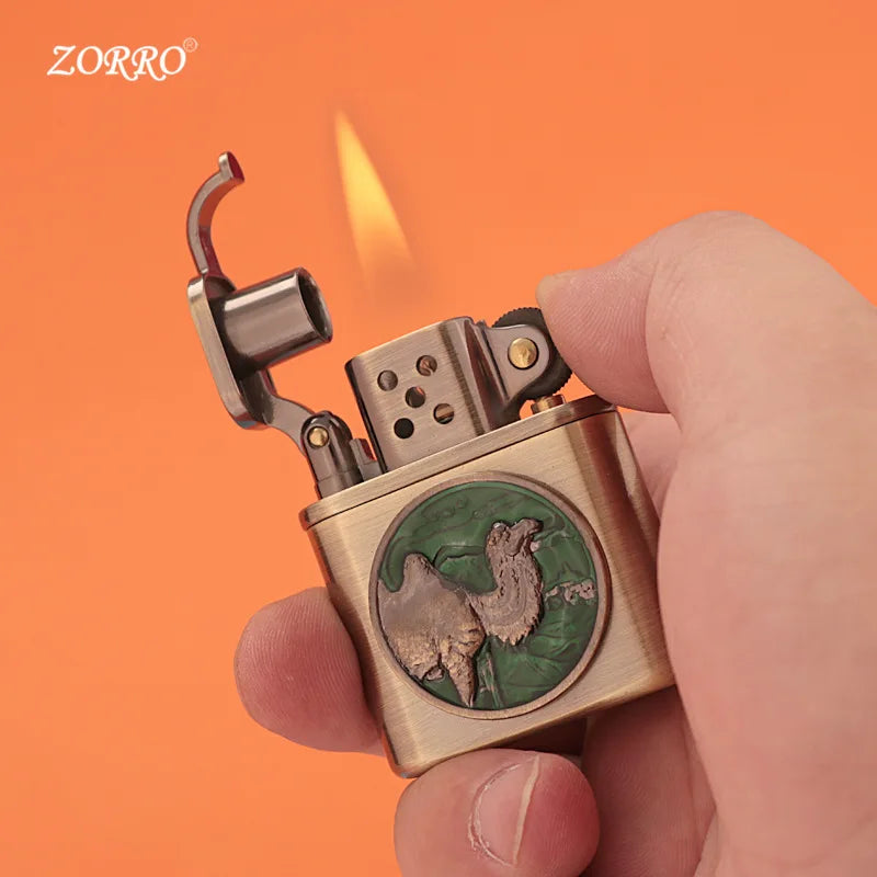 ZORRO Brass Windproof Fuel Lighter – Tiger & Camel Design