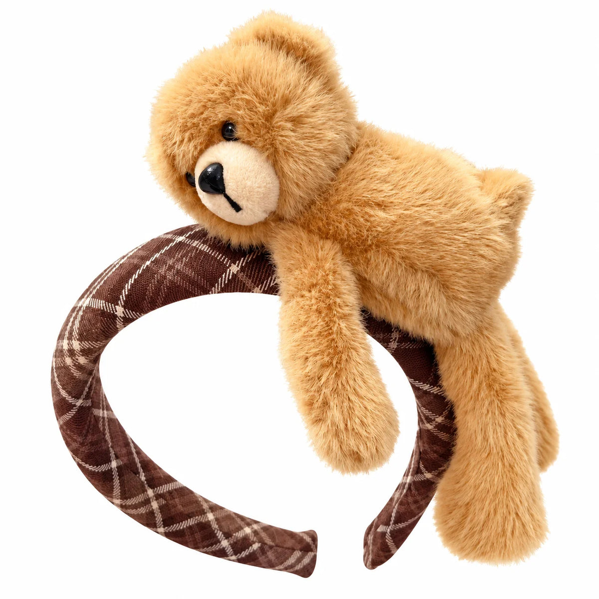 Plush Teddy Bear Plaid Headband for Women – Padded Hair Hoop