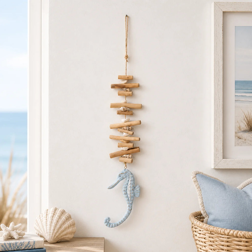 Coastal Seahorse Wall Hanging – Driftwood & Shell Nautical Decor