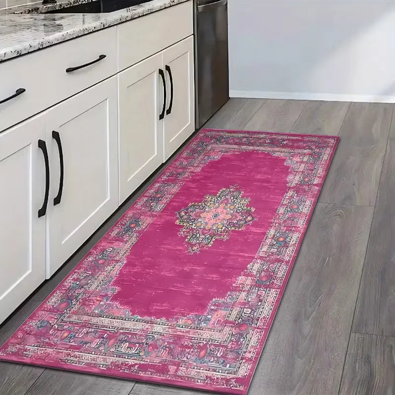 Fuchsia Persian Medallion Runner Rug – Washable Non-Slip Mat