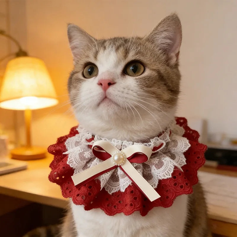 Lolita Style Pet Bib – Lace & Pearl Collar for Cats & Dogs