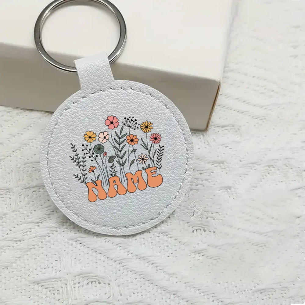 Personalized Flower Name Leather Keychain – Gift for Her