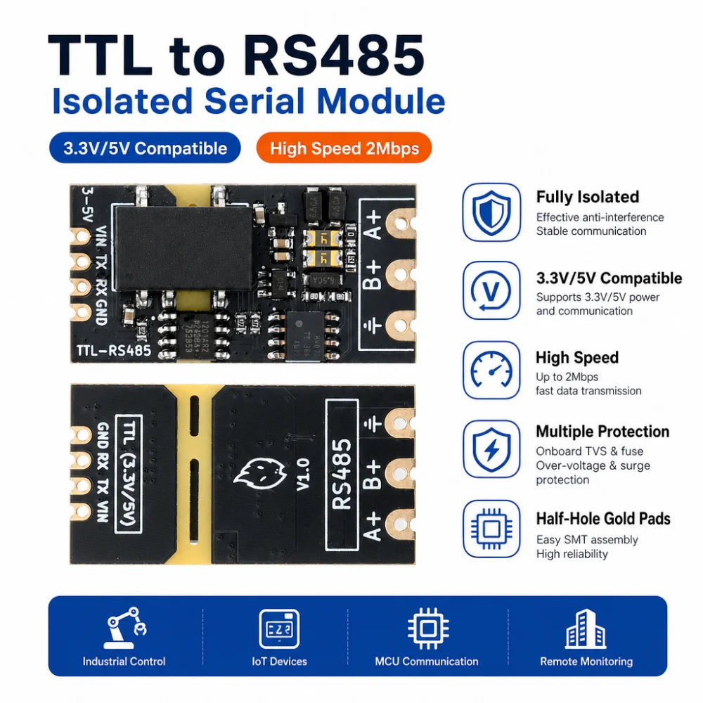 Isolated TTL to RS485 Module 3.3V/5V Auto-Reversing 2Mbps