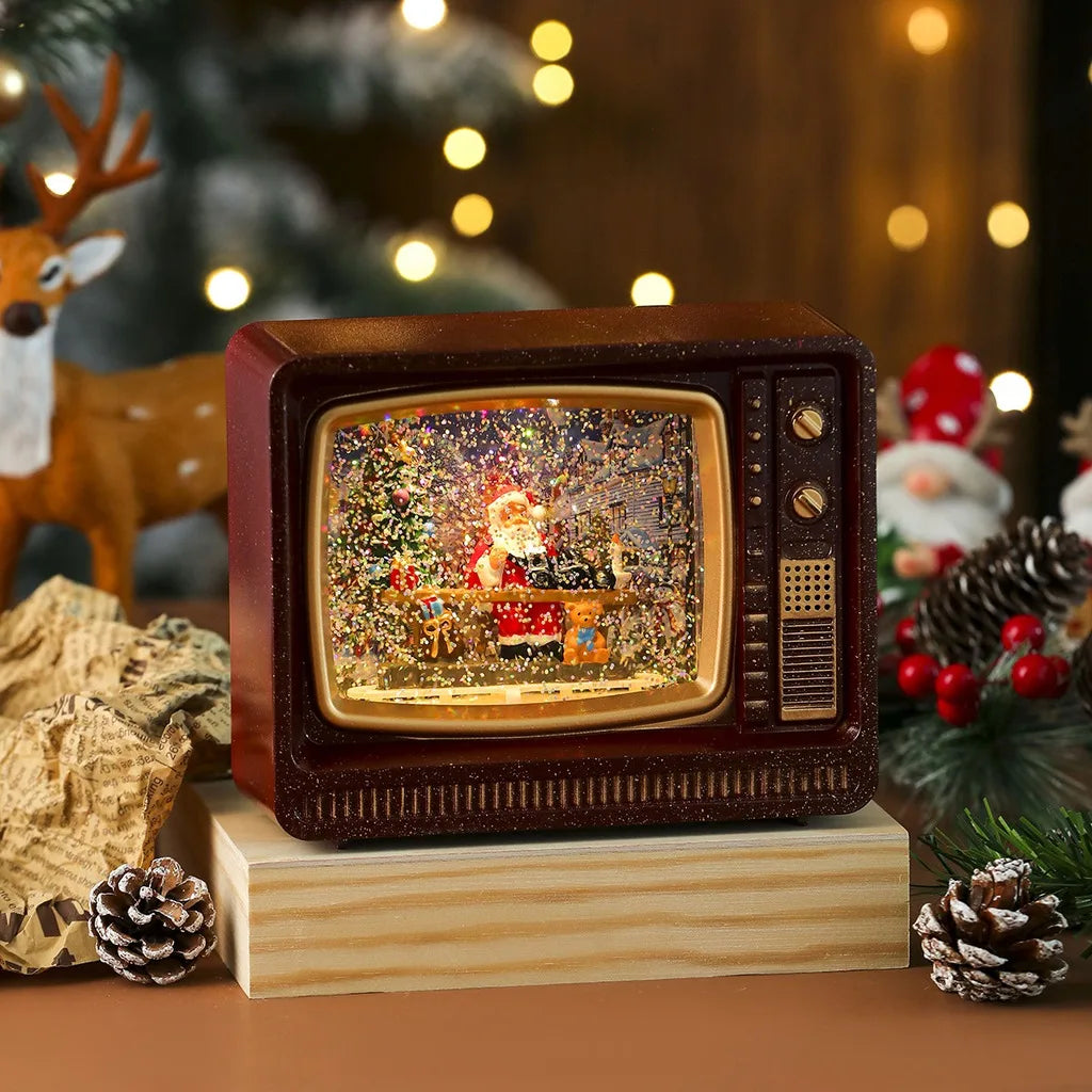Vintage TV LED Christmas Snow Globe Music Box Ornament