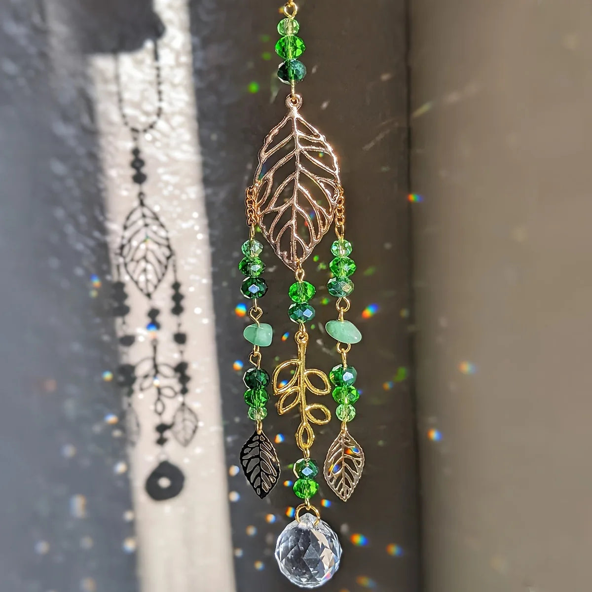 Green Crystal Suncatcher – Gold Leaf Rainbow Prism Window Decor