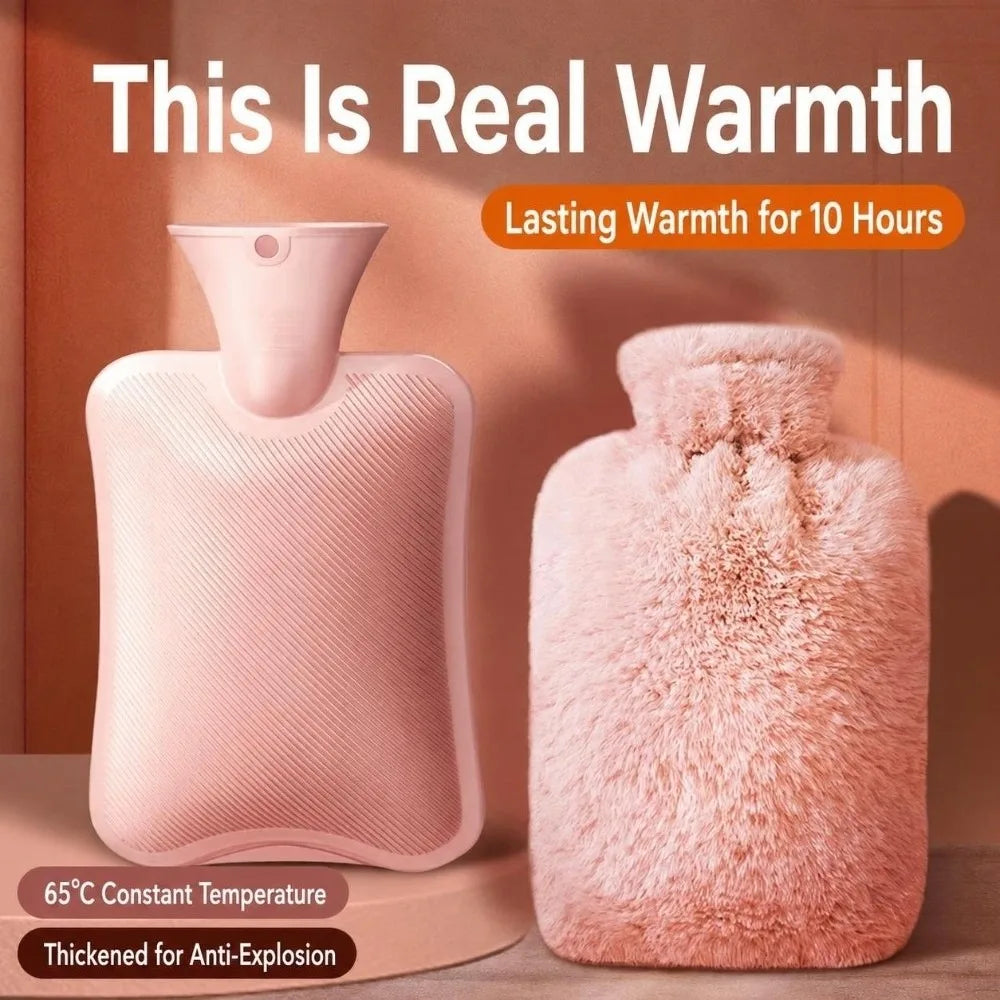 Hot Water Bottle 1000ml/2000ml with Faux Rabbit Fur Cover