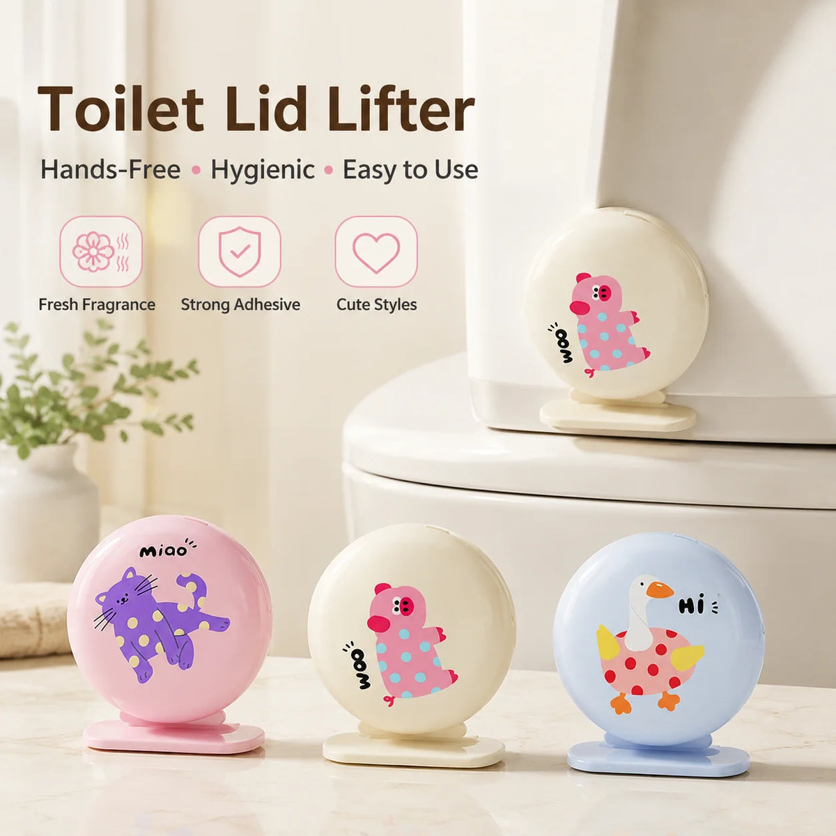 3-Piece Cartoon Toilet Lid Lifter Set with Scented Tablets