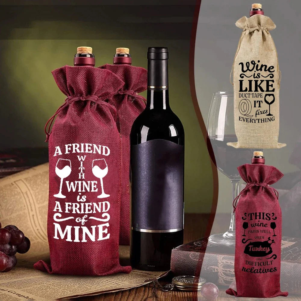 Wine Print Burlap Drawstring Bag – Reusable Eco Gift Pouch