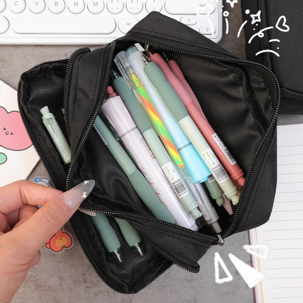 Large Capacity Black Fabric Pencil Case – Stationery Organizer