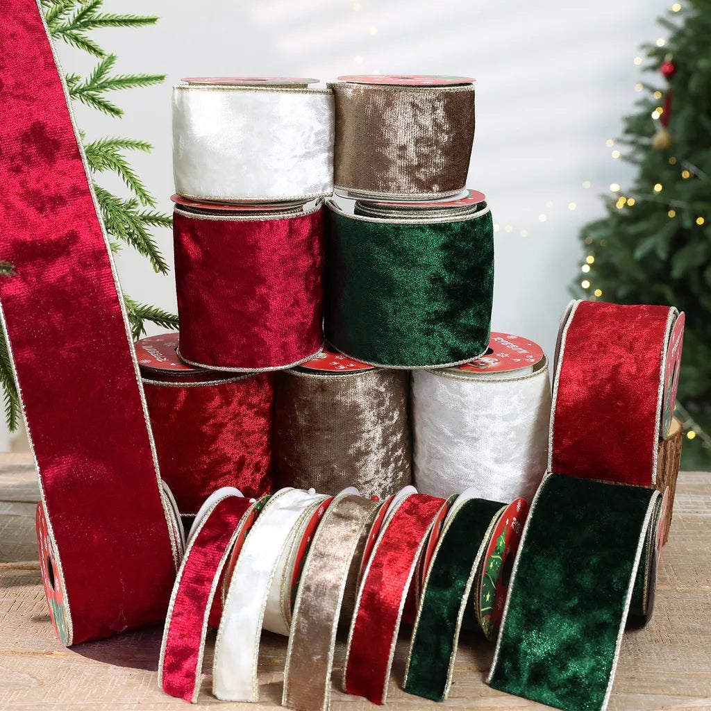 Gold Trim Wired Velvet Ribbon for Christmas Wreaths & Gifts