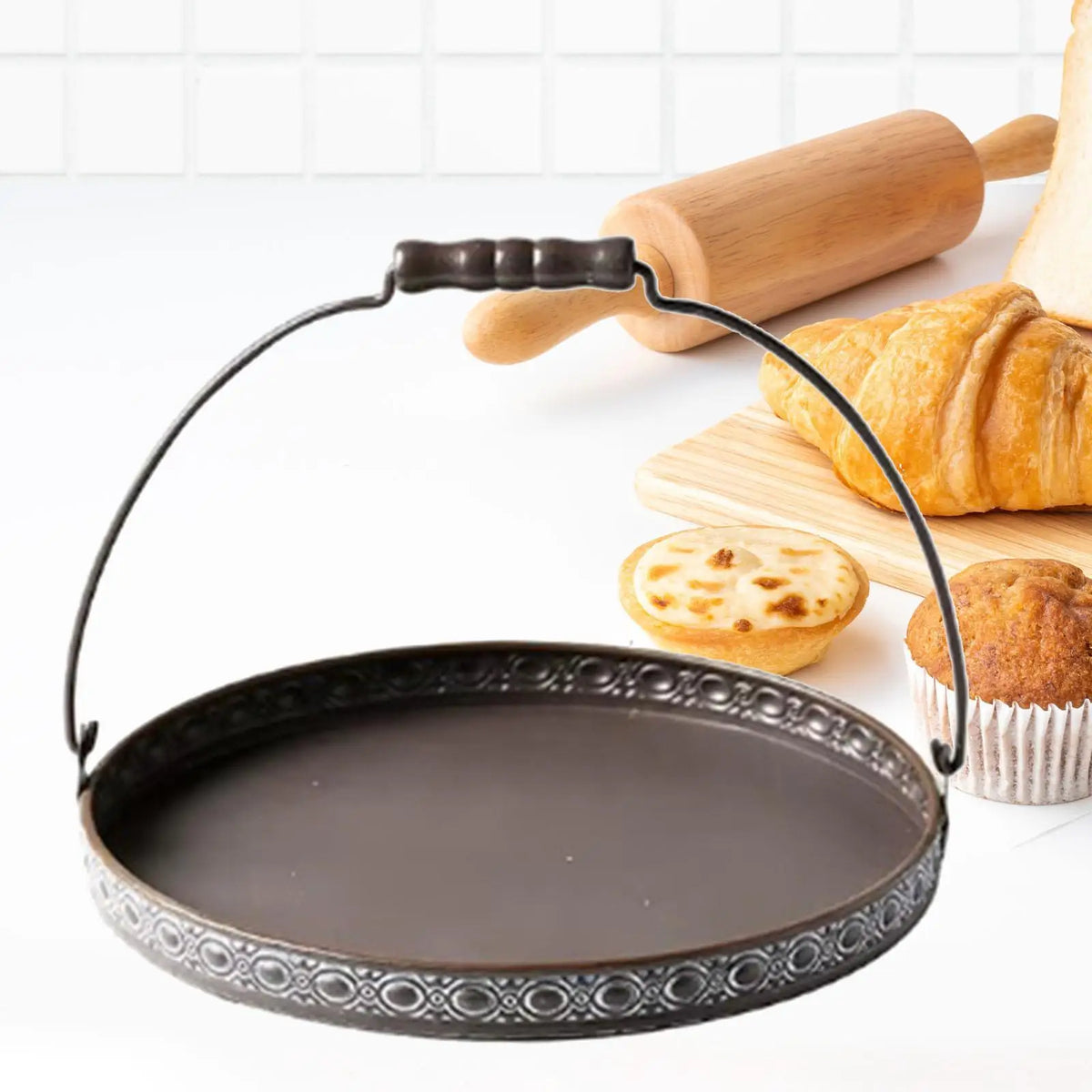 Antique Round Metal Serving Tray with Handles | Rustic Décor