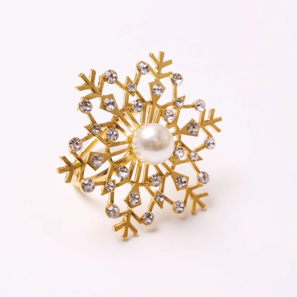 Snowflake Pearl Rhinestone Metal Napkin Rings – Christmas Décor