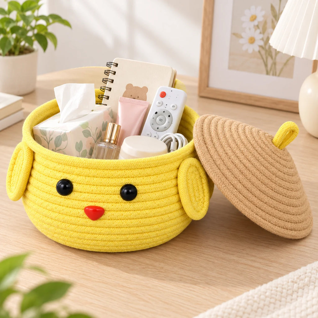 Cute Chick Woven Cotton Rope Storage Basket with Lid