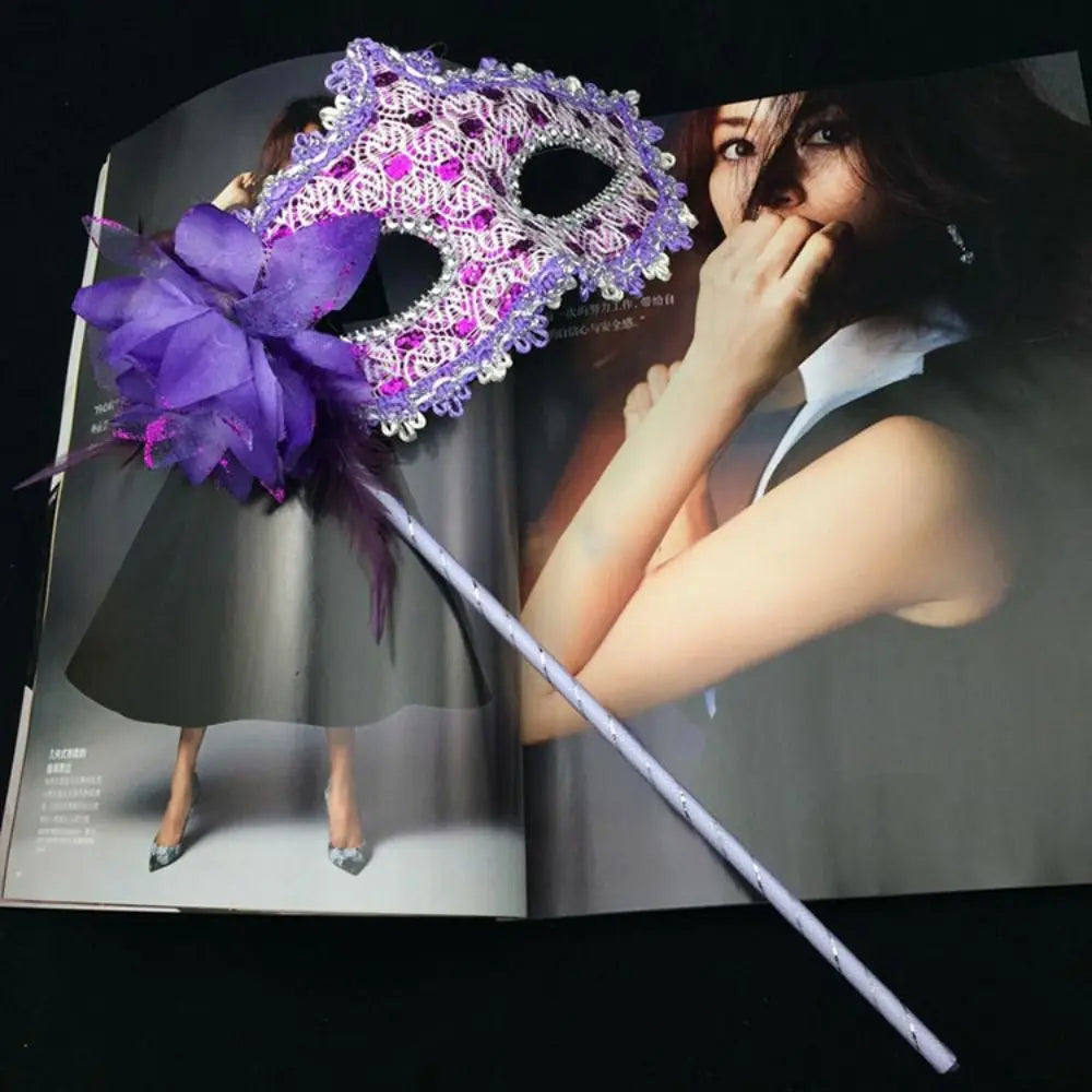 Handheld Feather Masquerade Mask – White Lace & Holding Stick