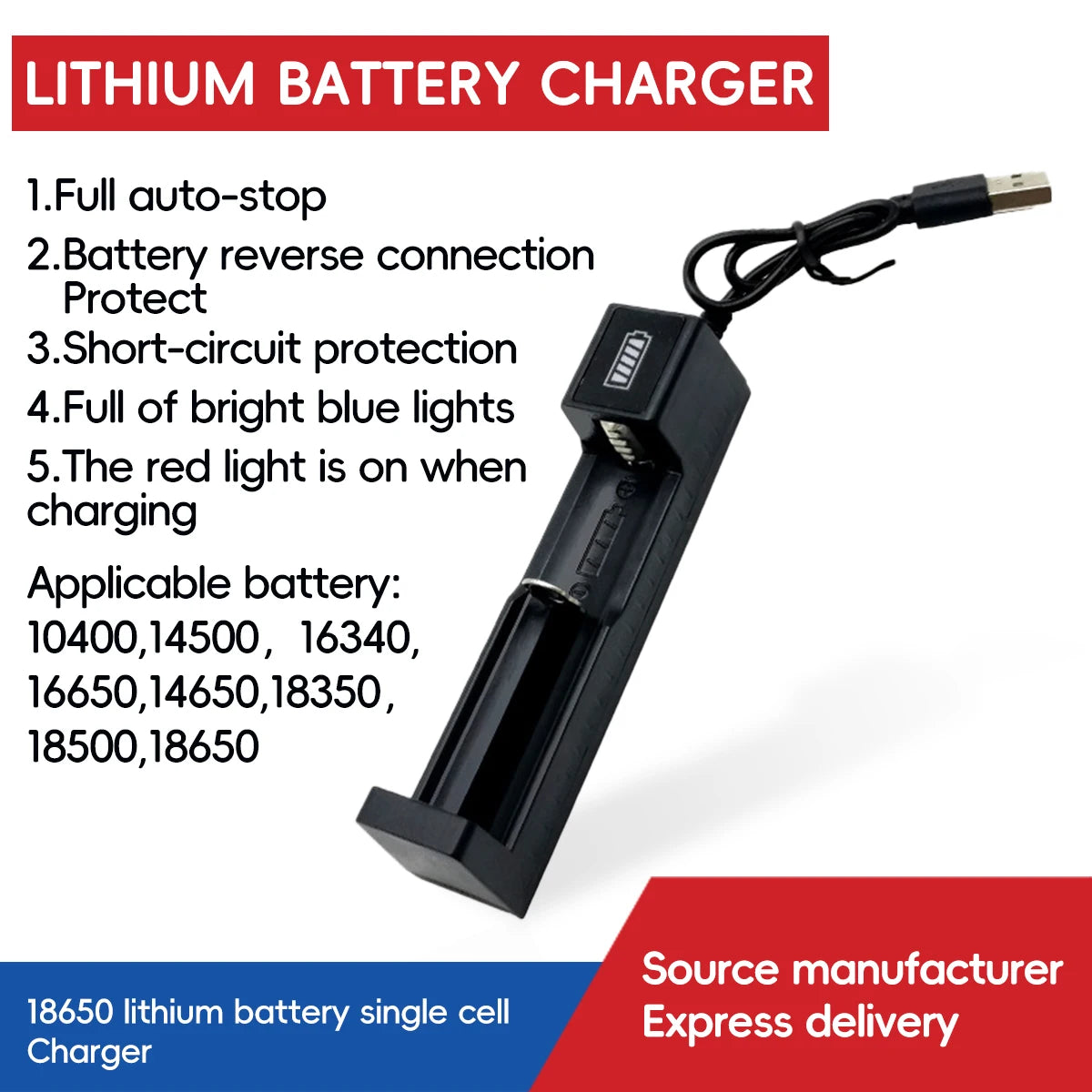 FONKEN Single Slot USB Smart Charger – 18650 14500 Li-Ion
