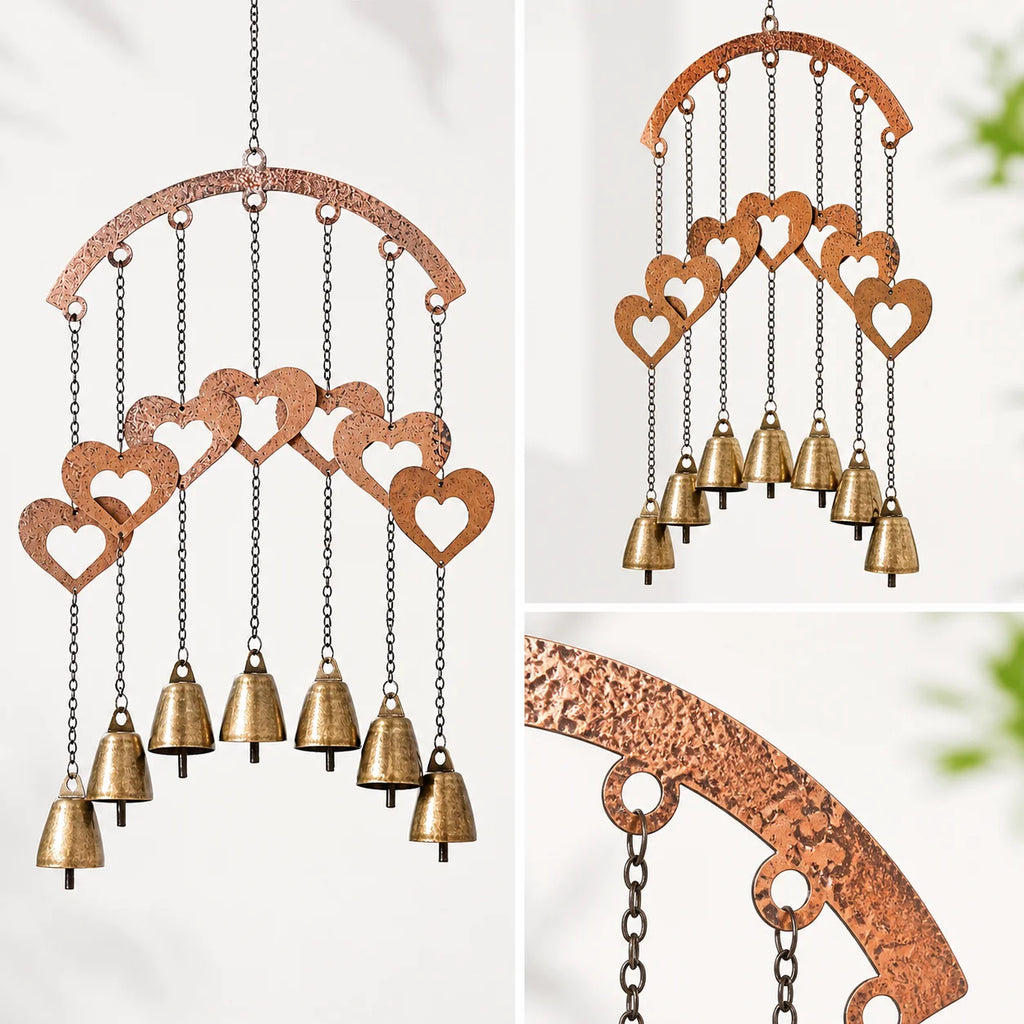 Rustic Heart Wind Chime with Brass Bells | Metal Garden Decor