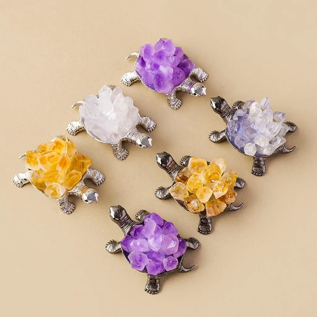Handcrafted Natural Crystal Turtle Figurine | Alloy Base Décor