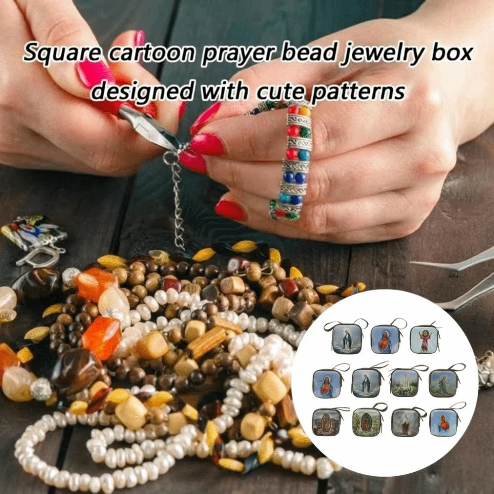 Virgin Mary Rosary Storage Box – Zippered Metal Christian Gift