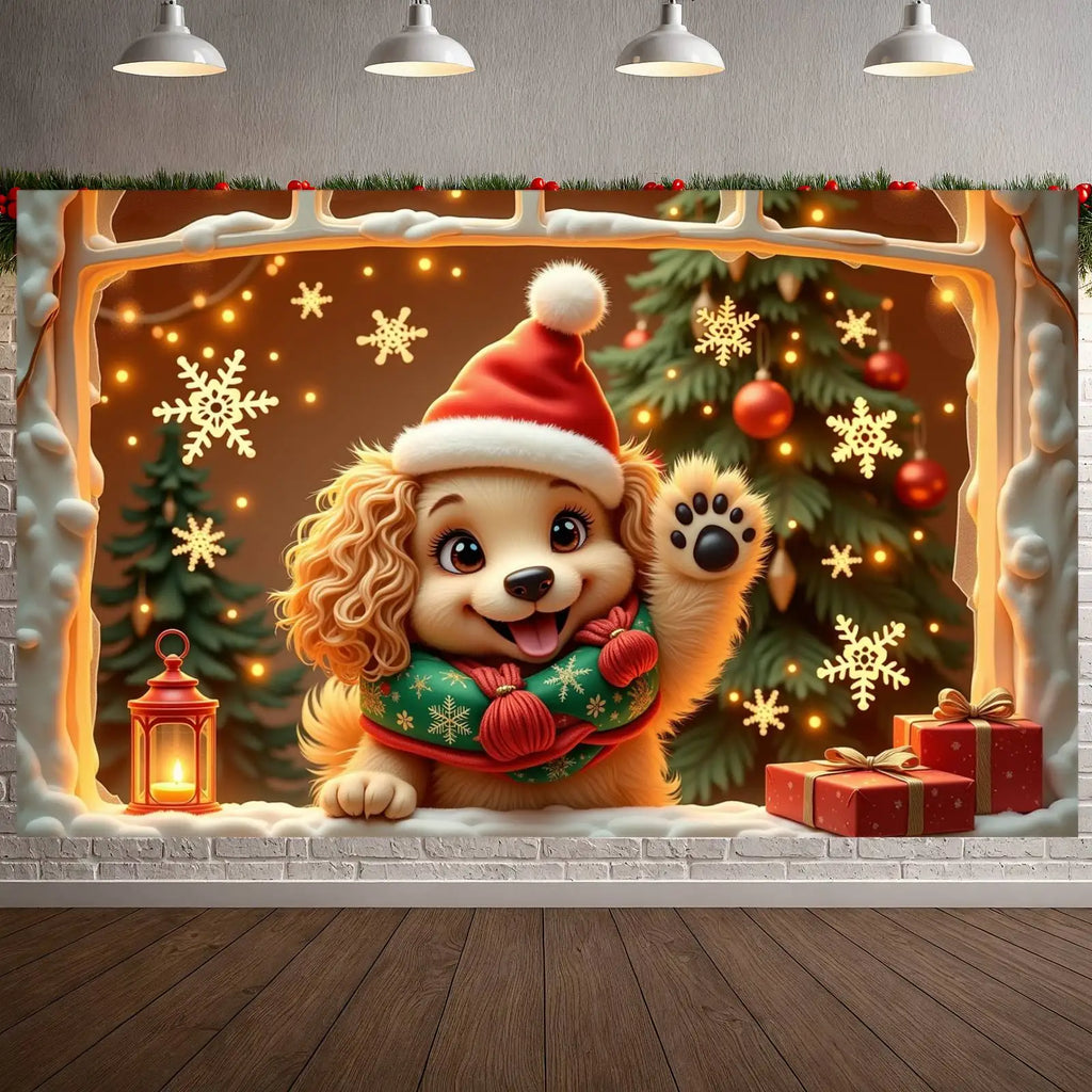 Cute Puppy Christmas Holiday Banner 180×110cm | Seasonal Decor