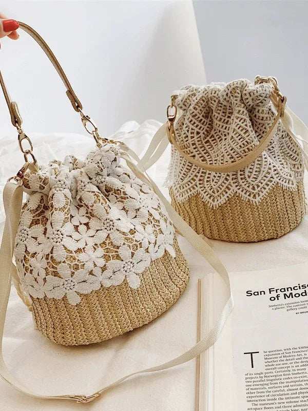 Women's Woven Straw Bucket Bag – Beach Crossbody Handbag