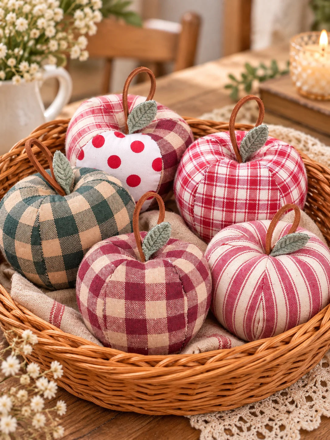 Vintage Stuffed Plaid Apple Ornament – Farmhouse Home Decor