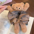Plush Teddy Bear Plaid Scrunchie – Korean Style Hair Tie