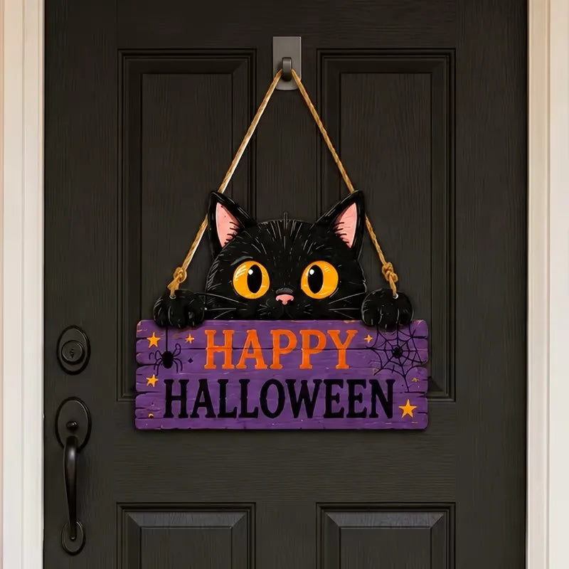 Halloween Wooden Door Sign – Black Cat Pumpkin Skull Plaque
