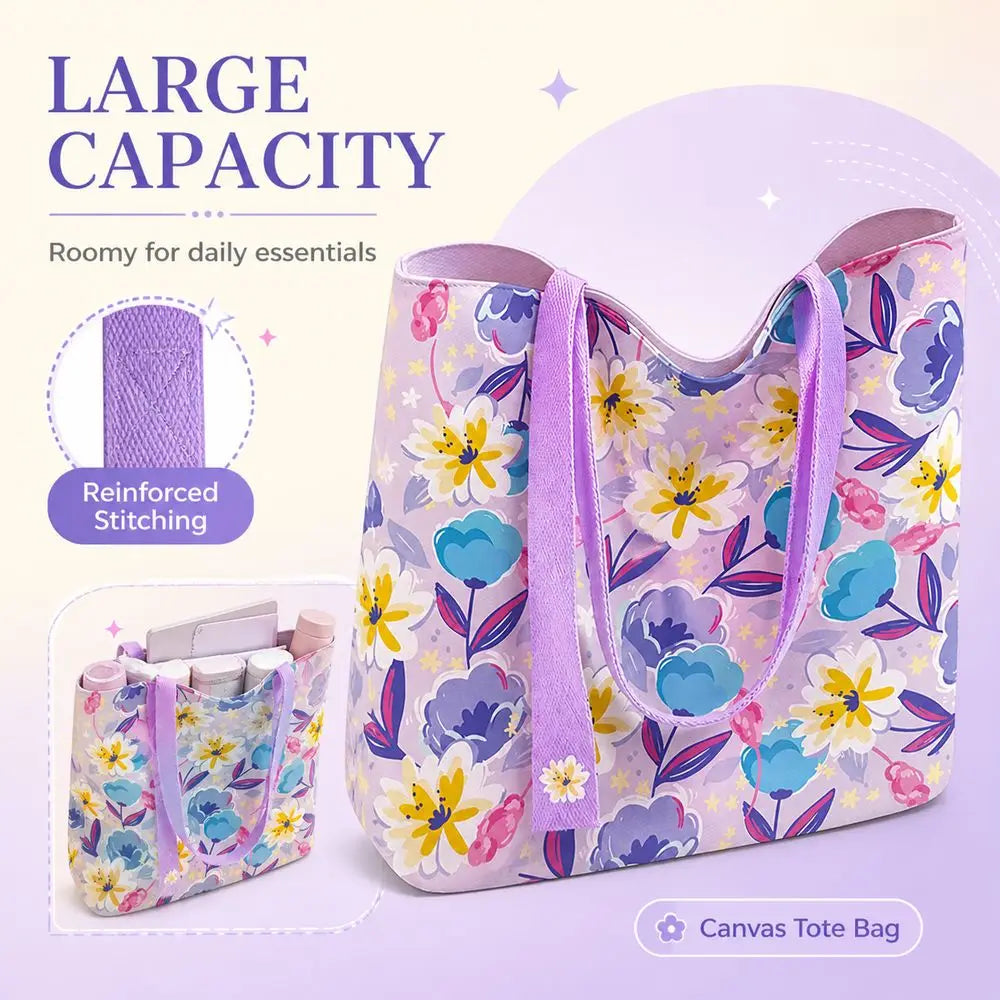 Floral Canvas Tote Bag – Large Reusable Shoulder Bag for Women
