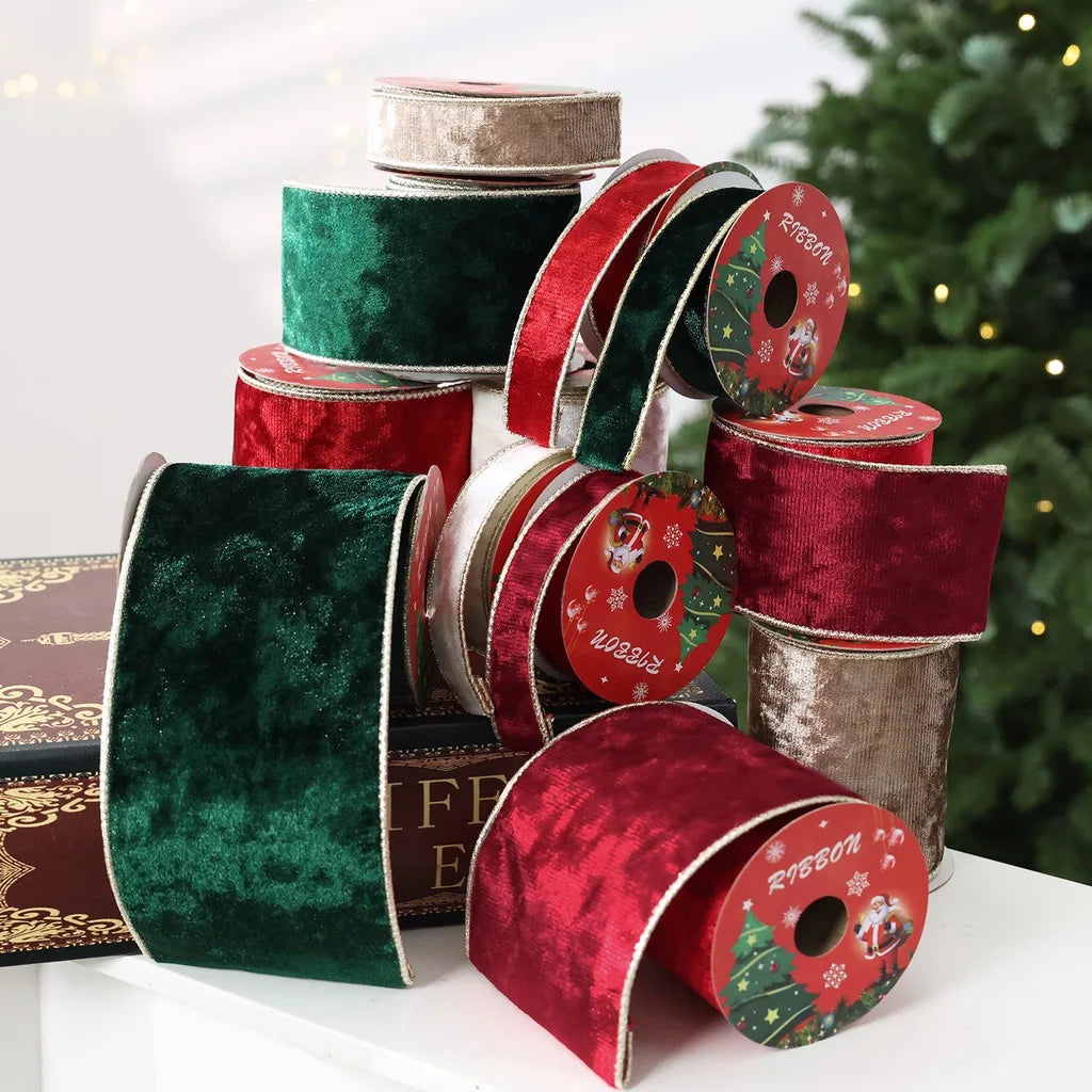 Gold Trim Wired Velvet Ribbon for Christmas Wreaths & Gifts