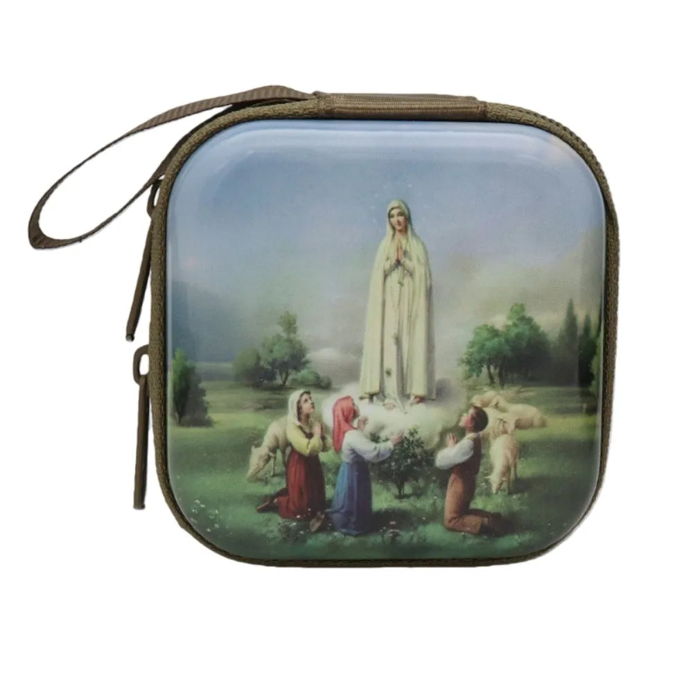 Virgin Mary Rosary Storage Box – Zippered Metal Christian Gift