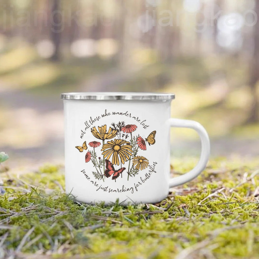 No Rain No Flower Enamel Mug – Umbrella Print Travel Cup