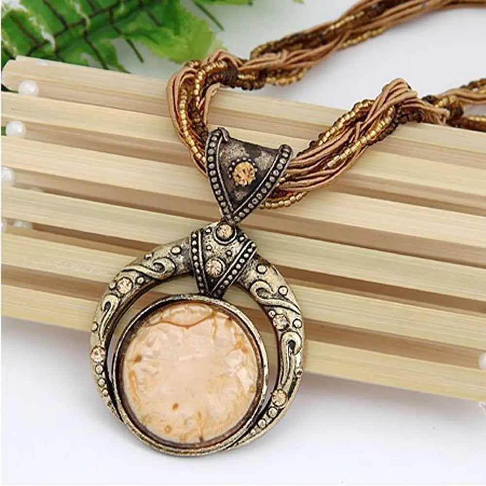 Bohemian Resin Stone Pendant Necklace | Multilayer Vintage Alloy