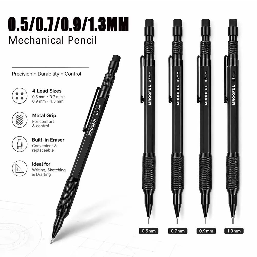 Metal Mechanical Pencil 0.5–1.3mm | Low Gravity, Built-in Eraser