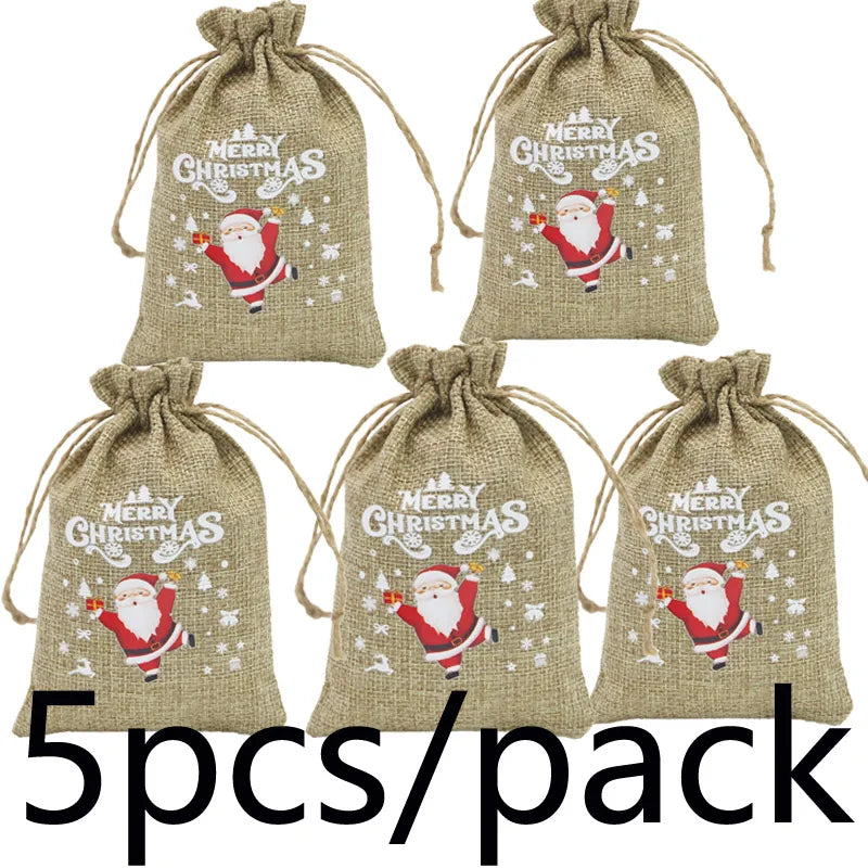 5-Pack Linen Christmas Gift Bags – Apple & Santa Pattern