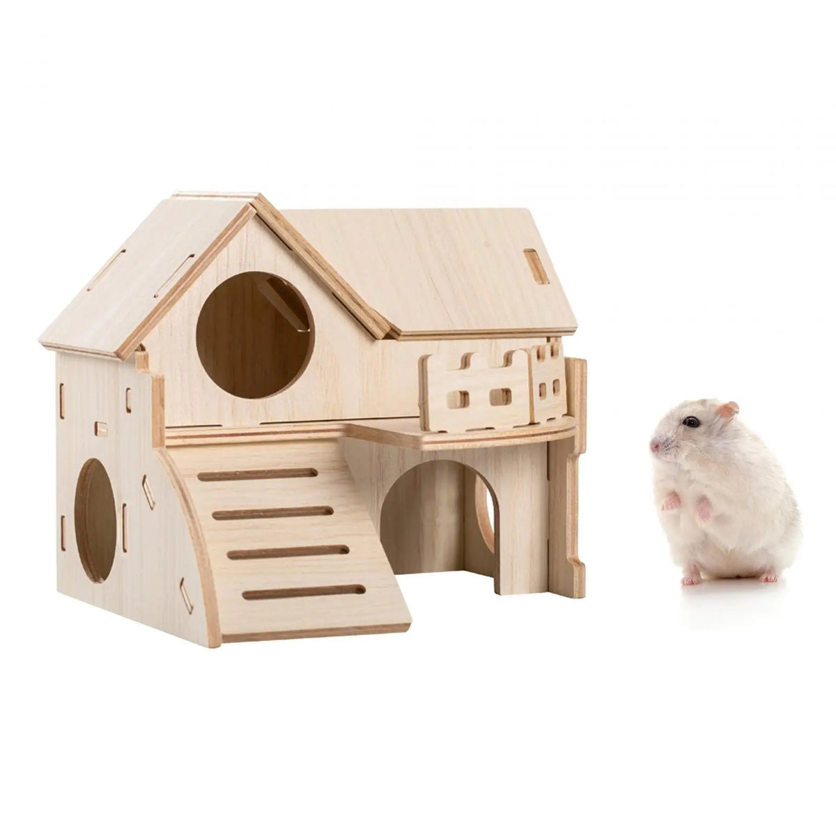 Wooden Hamster House Multi-Level Hideout Hut with Ladder