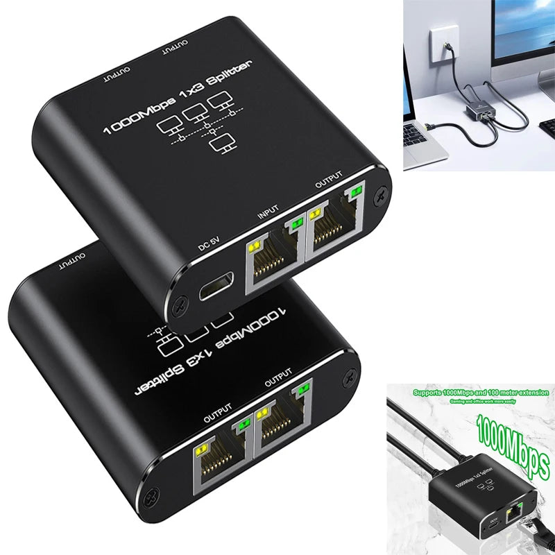 OULLX RJ45 Gigabit Ethernet Switch Hub 1 In 2/3 Out LAN