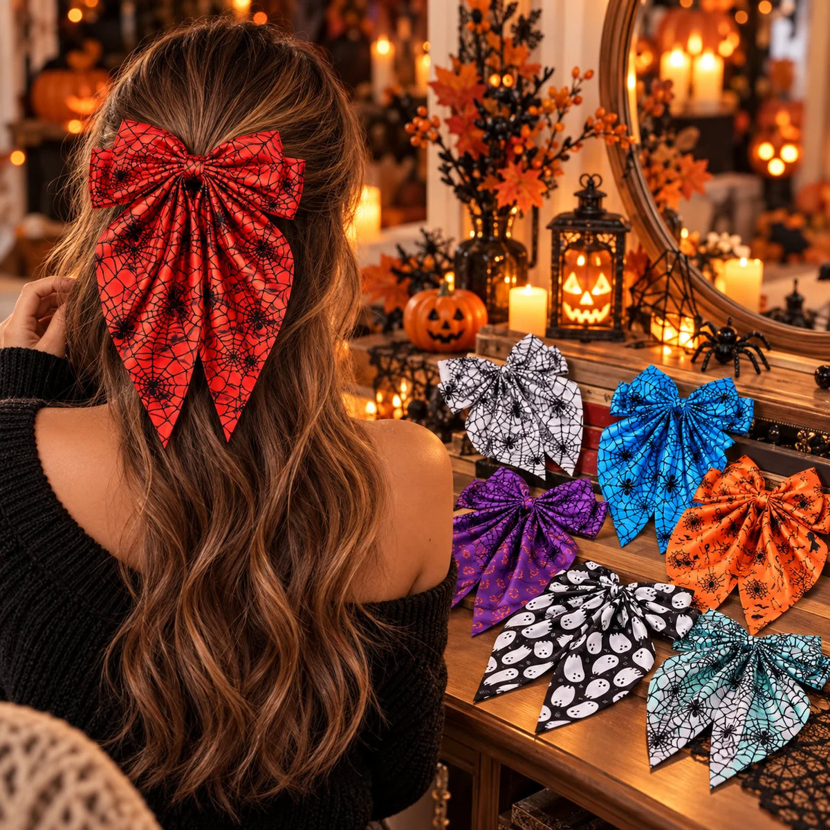 Halloween Satin Bow Hair Clip – Spider Web Pumpkin Barrette