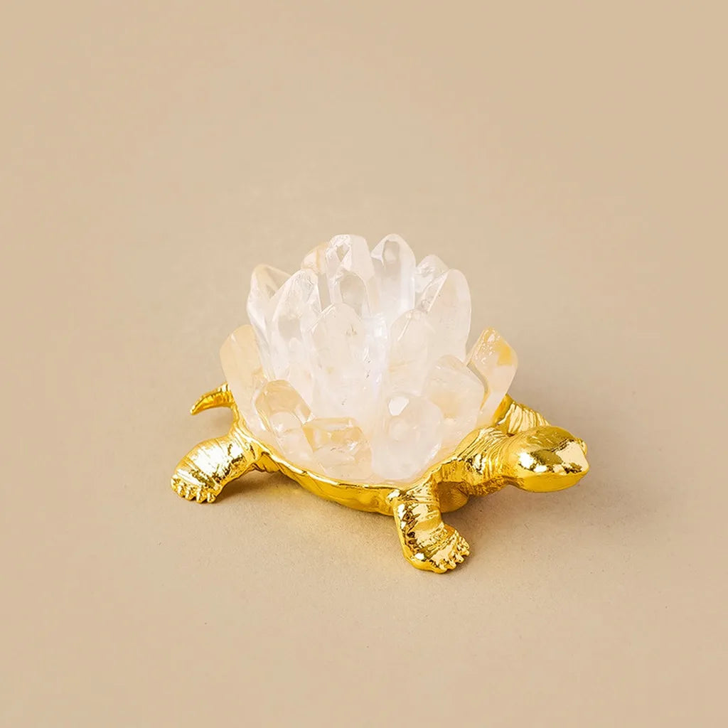 Handcrafted Natural Crystal Turtle Figurine | Alloy Base Décor