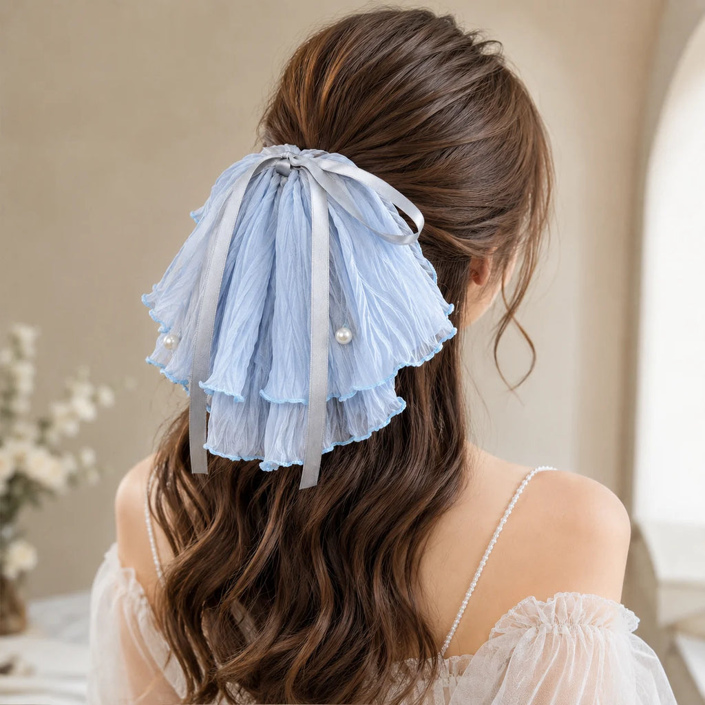 Blue Ruffle Bow Hair Clip with Pearl Decor | Elegant Barrette