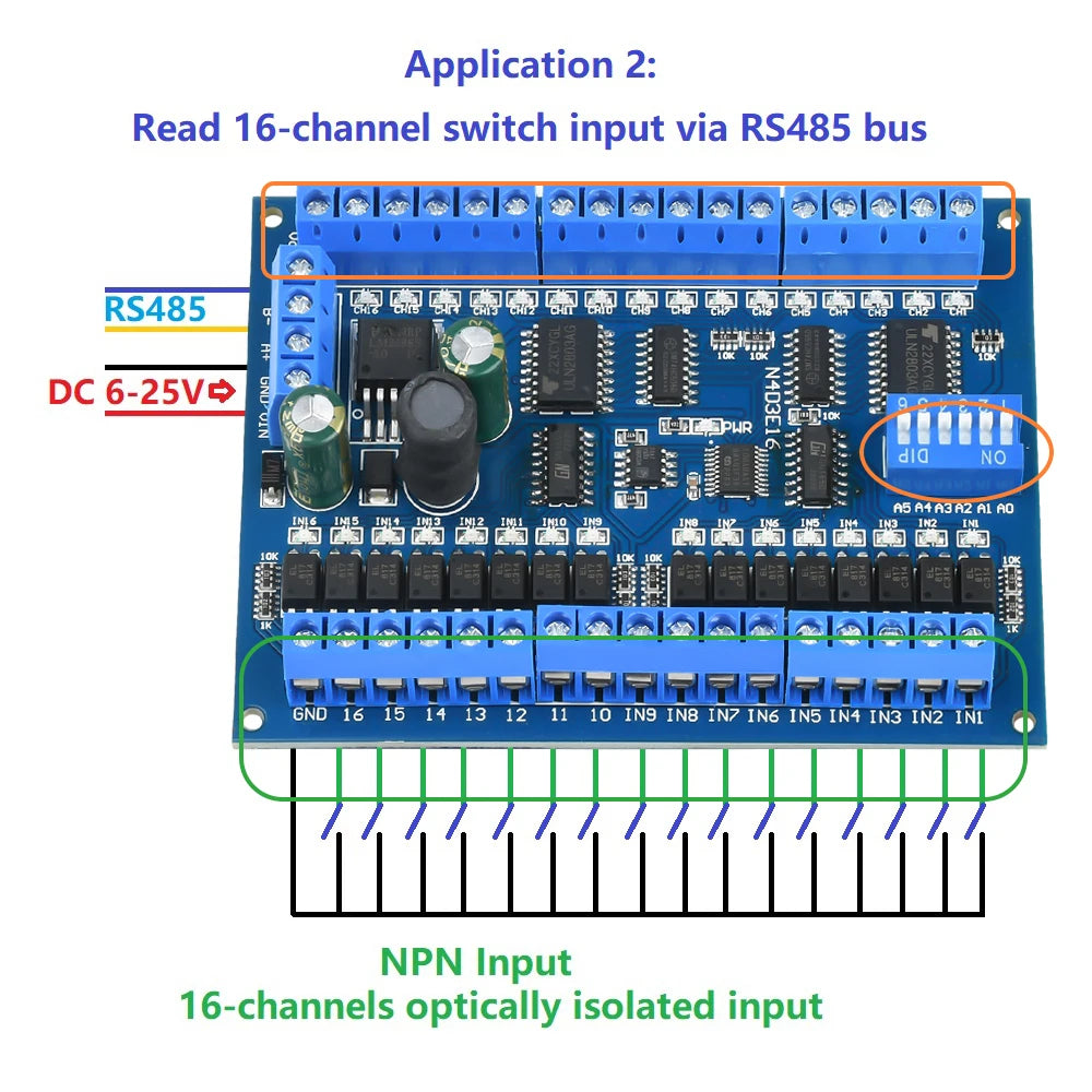 16-CH RS485 Modbus RTU PLC IO Expansion Board DC 12V/24V