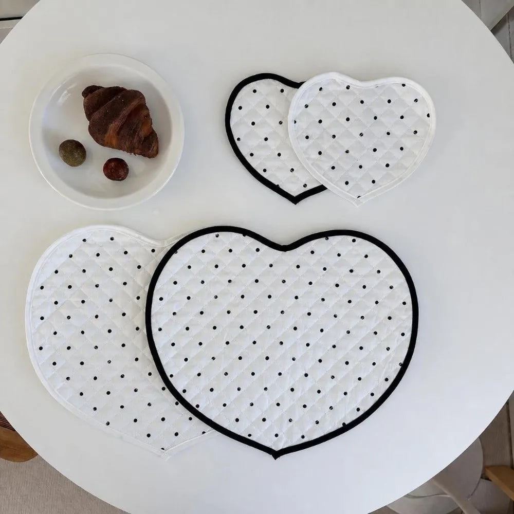 Heart-Shaped Quilted Fabric Placemat & Coaster – Polka Dot