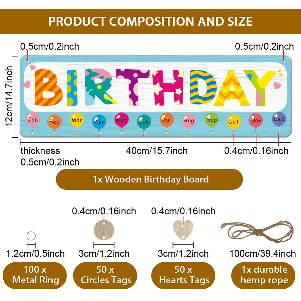 Wood Birthday Reminder Calendar Wall Hanging Board & Hemp Rope