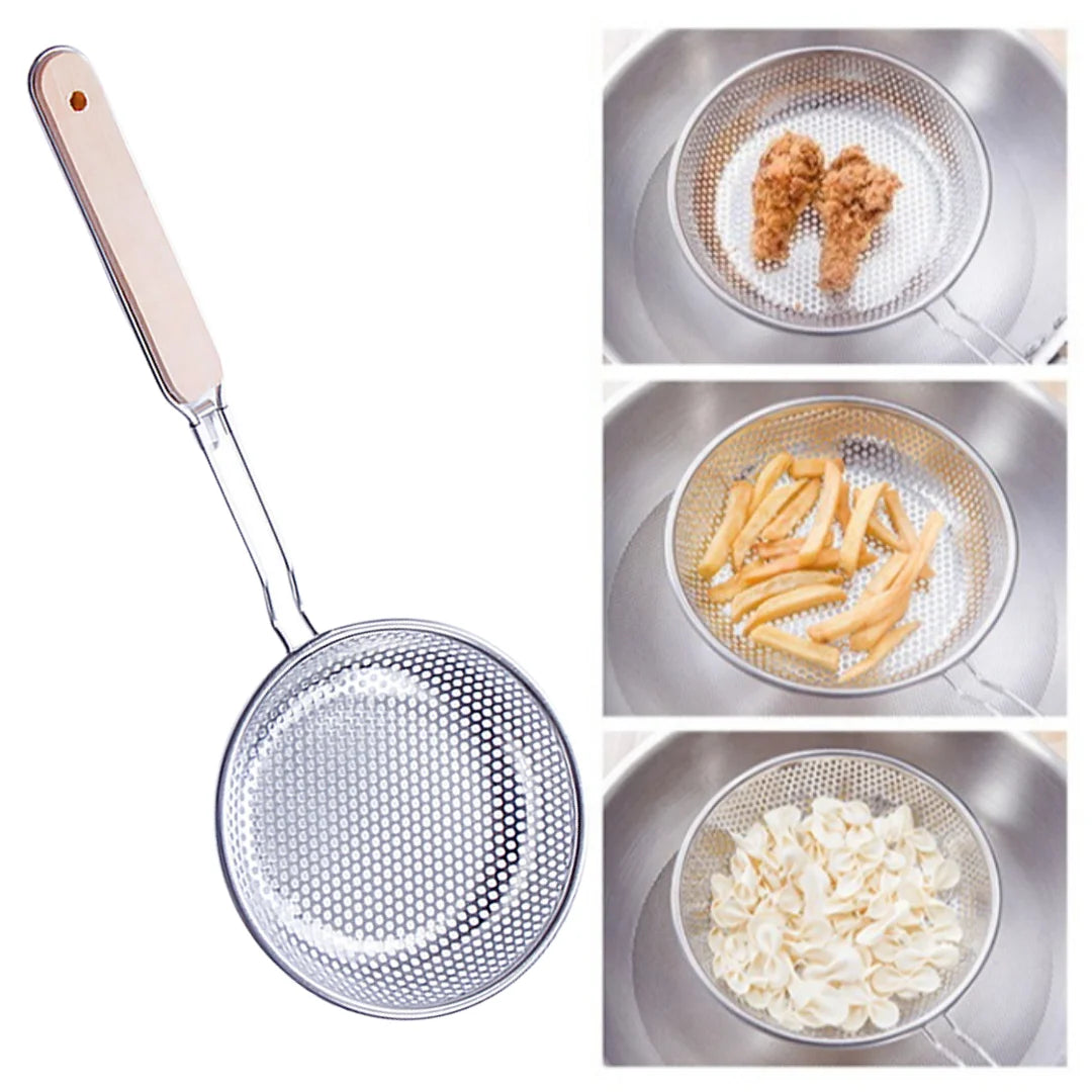 Wooden Handle Stainless Steel Fine Mesh Skimmer Strainer Spoon