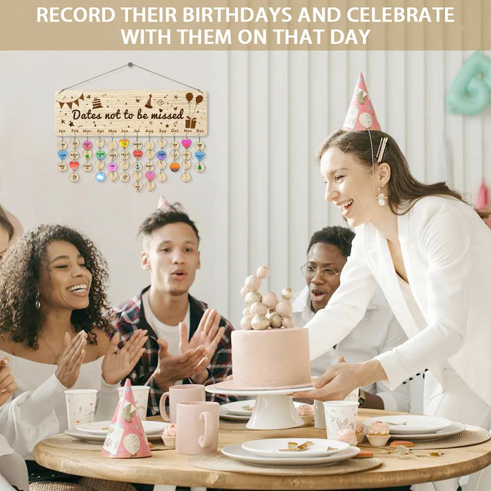 Wood Birthday Calendar Wall Hanging Board with Hemp Rope & Tags
