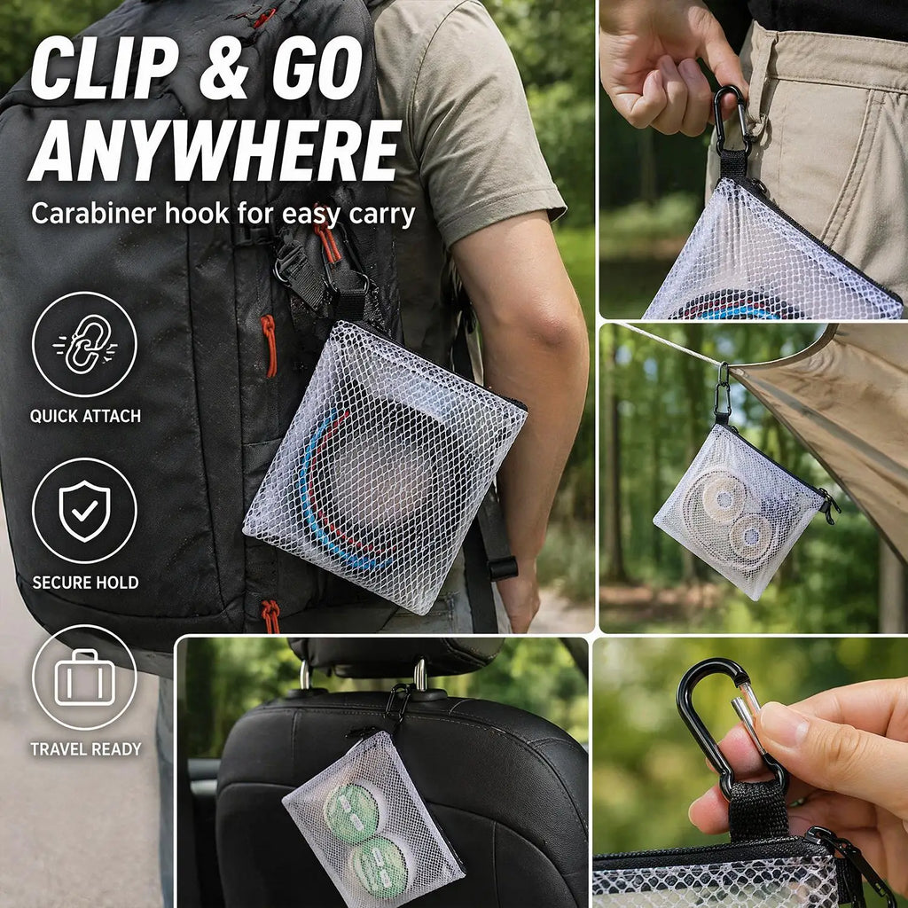 Transparent Mesh Storage Bag with Carabiner | XS–L Sizes